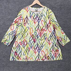 Multiples Plus Size 2X Top Blouse Cream Geometric Art to Wear Pockets 3/4 Sleeve